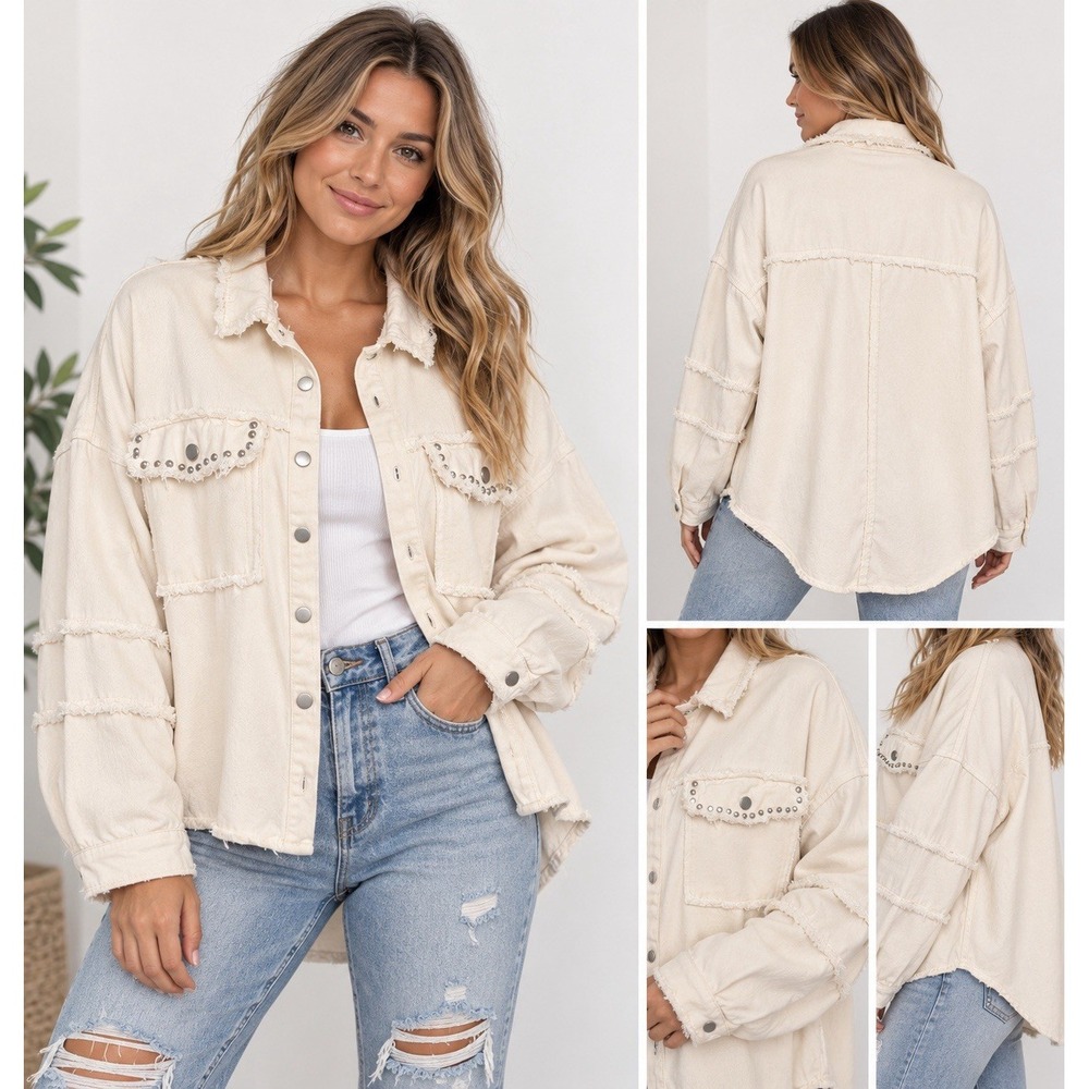 POL Womens Cream/Beige Jacket Studded, Distressed Denim Shacket Boho, Oversized